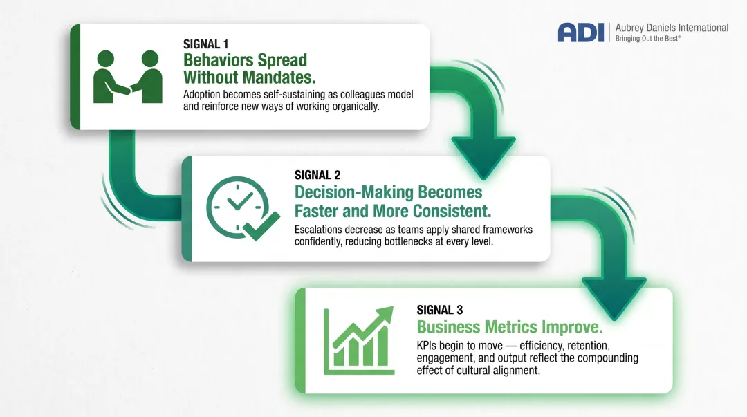 Three sequential culture change success signals from peer adoption to business metric improvement