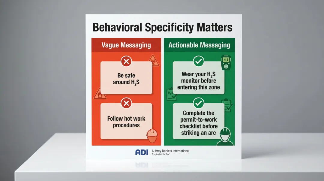 Vague versus actionable oil and gas safety messaging comparison infographic