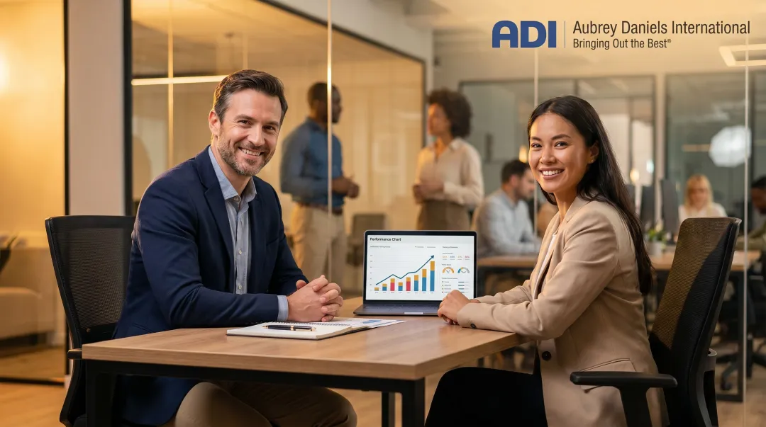 Business leader coaching employee one-on-one reinforcing positive workplace performance behaviors