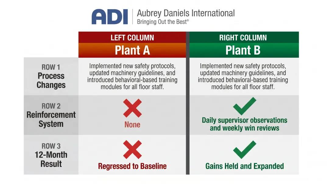 Plant A versus Plant B Lean implementation outcomes comparison table infographic