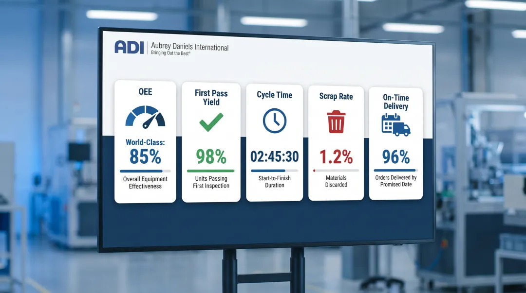 Five core manufacturing KPIs OEE cycle time scrap rate first pass yield on-time delivery