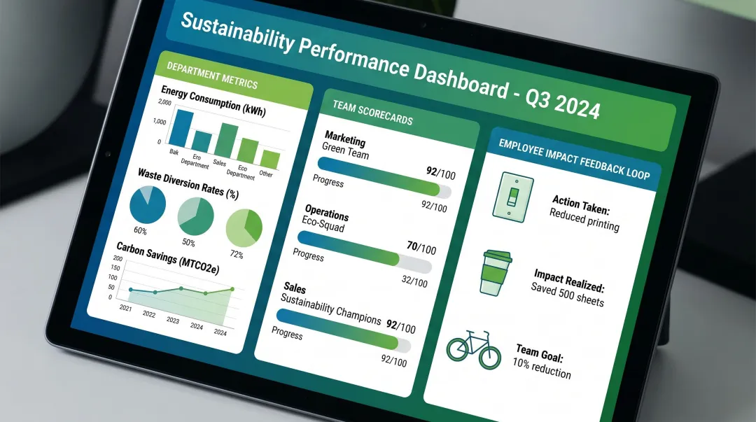 Real-time sustainability dashboard displaying department energy waste and carbon savings metrics