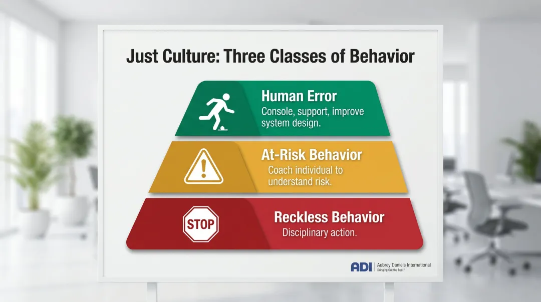 Just Culture three-tier behavior classification framework with leader response actions