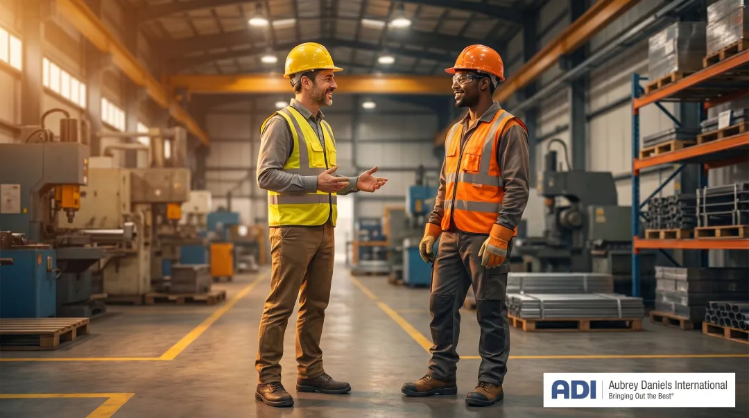 Safety leader recognizing worker safe behavior during active worksite walkthrough