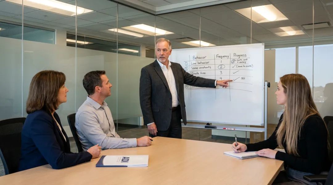 Financial services executive leader coaching team members in modern office environment