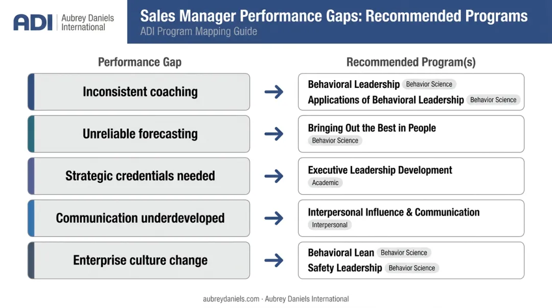 Sales manager training program selection guide matching performance gaps to top programs