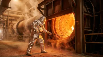 Cement plant kiln area workers in high-heat industrial environment with PPE