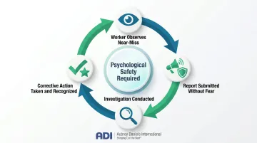 Near-miss reporting cycle from incident observation to corrective action and recognition