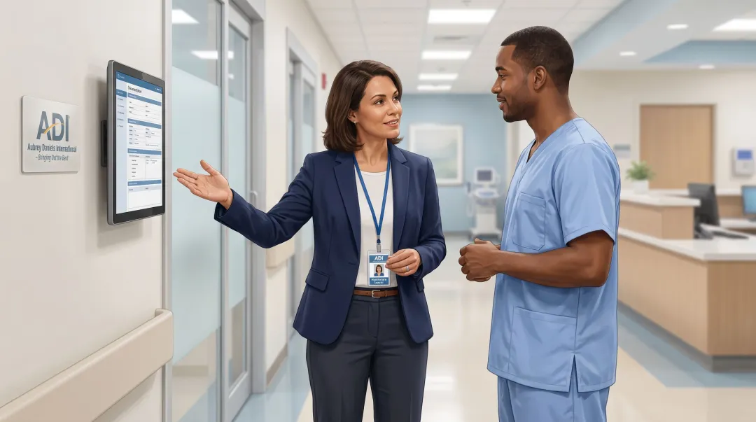 Healthcare leader providing specific behavioral feedback to nurse during rounding conversation