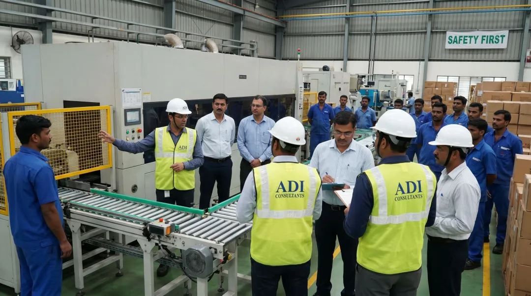 ADI safety consultant working with frontline factory workers on production floor