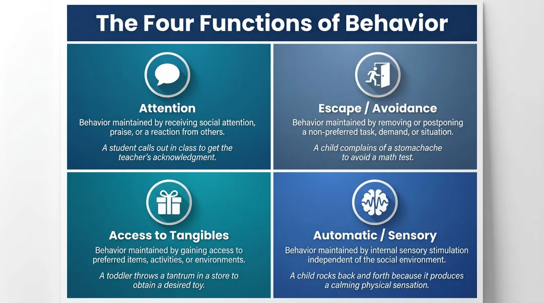 Four behavioral functions ABA attention escape tangibles automatic reinforcement comparison chart