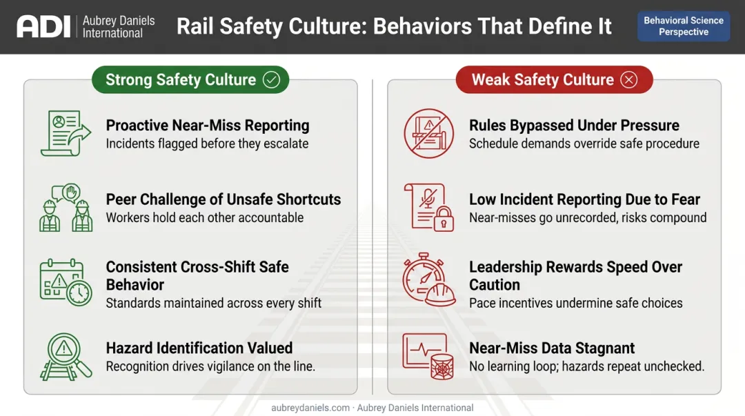 Strong versus weak rail safety culture observable behaviors comparison infographic