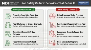 Strong versus weak rail safety culture observable behaviors comparison infographic
