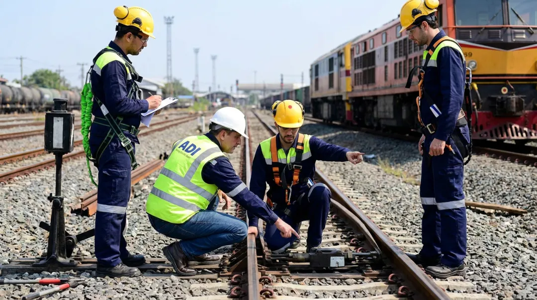 Rail safety leadership coaching session with frontline workers on active worksite