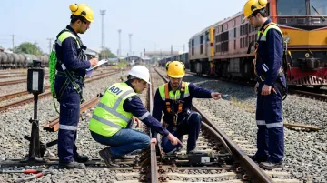 Rail safety leadership coaching session with frontline workers on active worksite