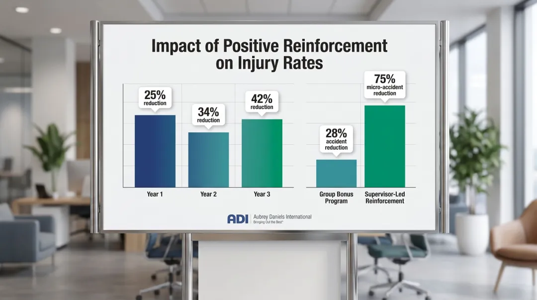 Behavior-based safety positive reinforcement three-year injury reduction results infographic
