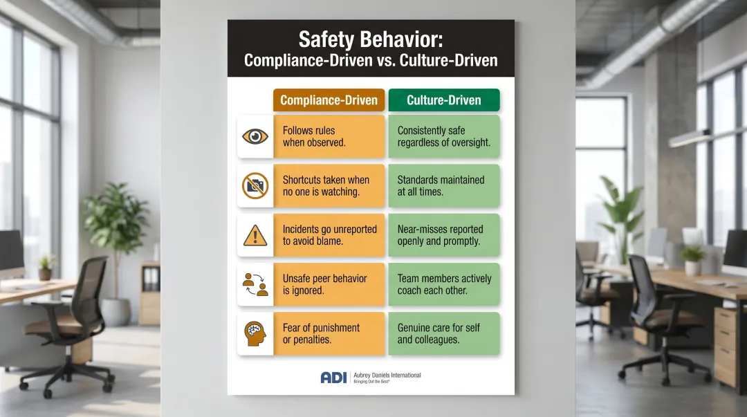 Safety compliance versus safety culture behavior comparison table infographic