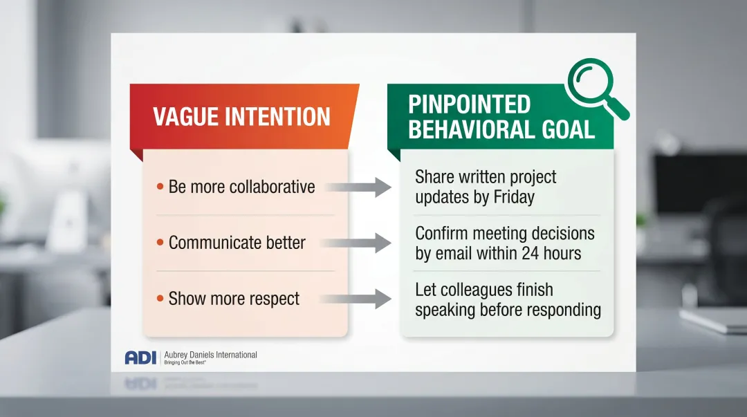 Vague conflict intentions versus pinpointed behavioral goals side-by-side comparison chart