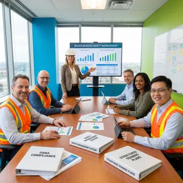 Safety consultant reviewing workplace procedures with leadership team