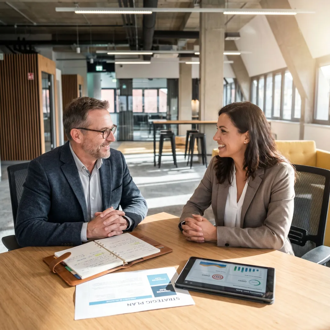 Woman executive reviewing leadership goals with coach