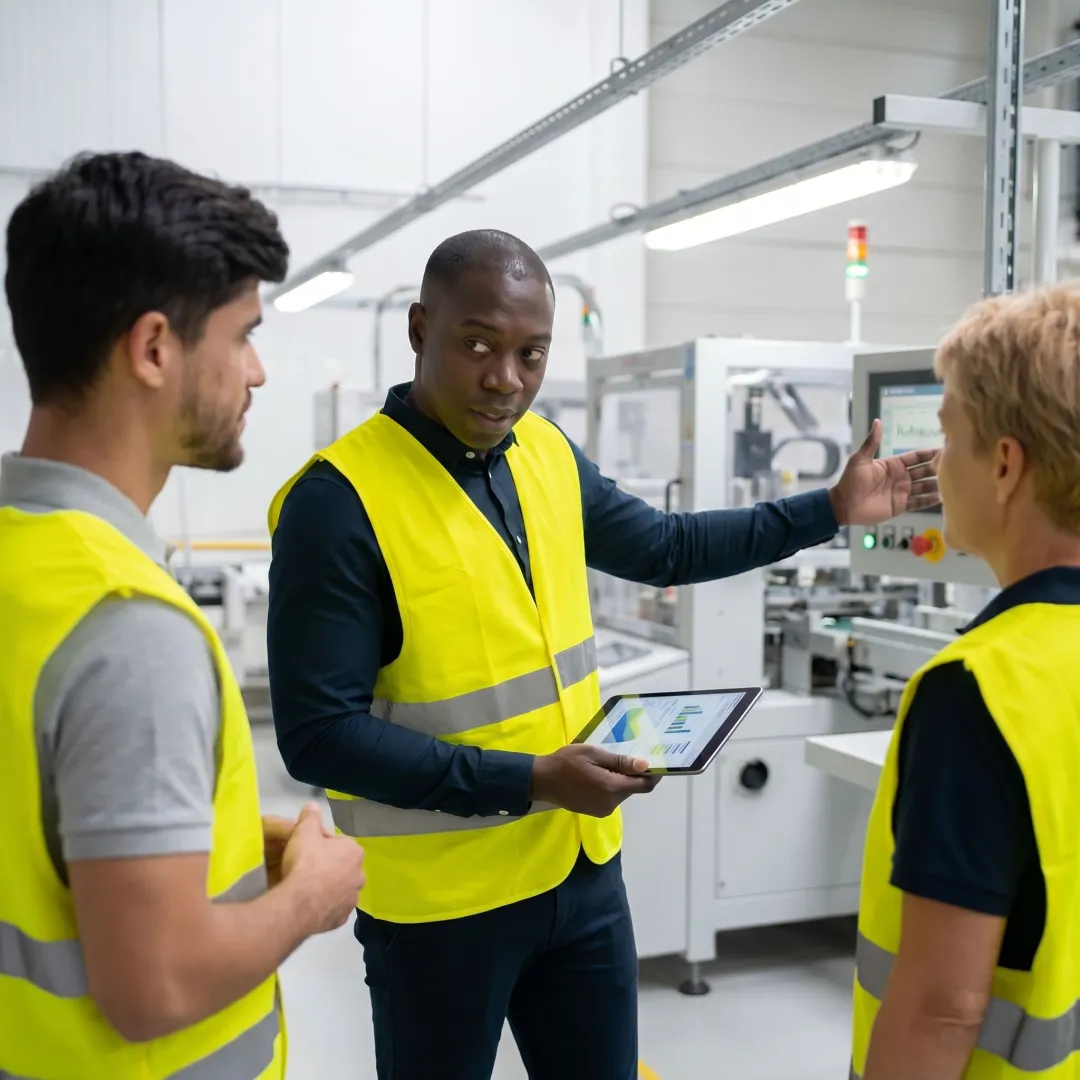 Manufacturing supervisor coaching employees during shift operations