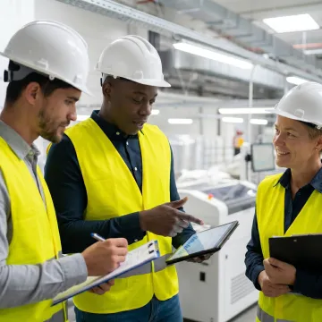Manufacturing safety consulting team meeting on plant floor