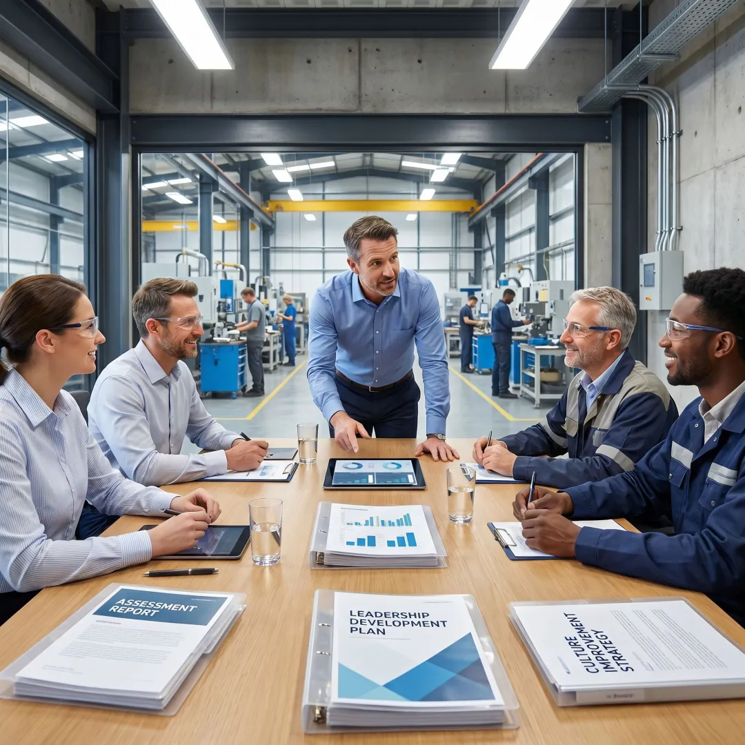 Consultant guiding manufacturing leaders through improvement planning