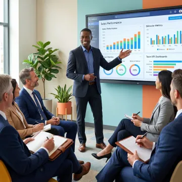 Business coach reviewing sales performance with leadership team