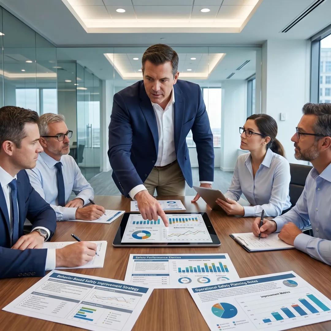 Consultant reviewing workplace safety strategy with managers