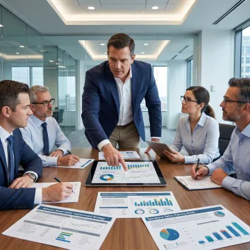 Consultant reviewing workplace safety strategy with managers