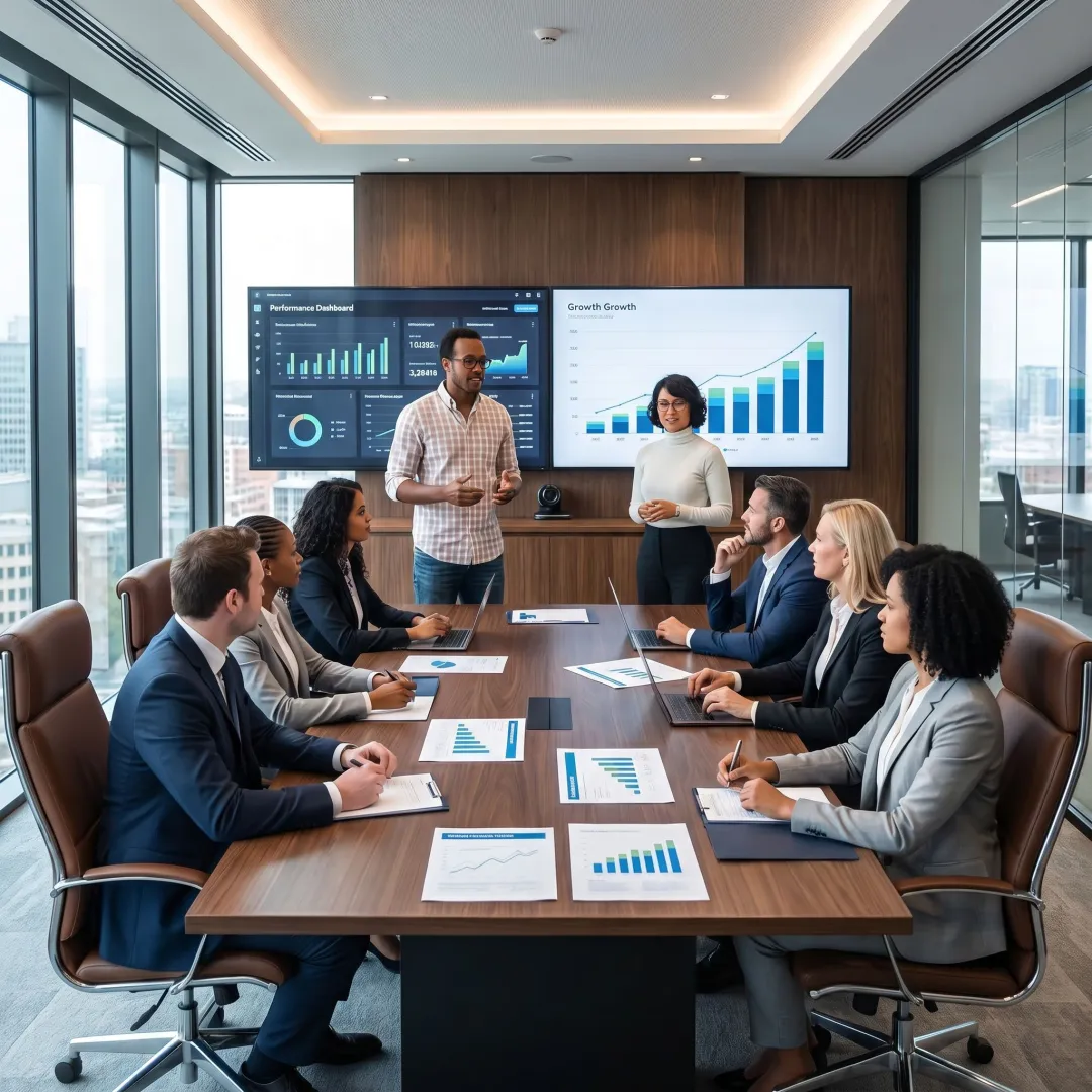 Enterprise performance consulting team meeting with executives