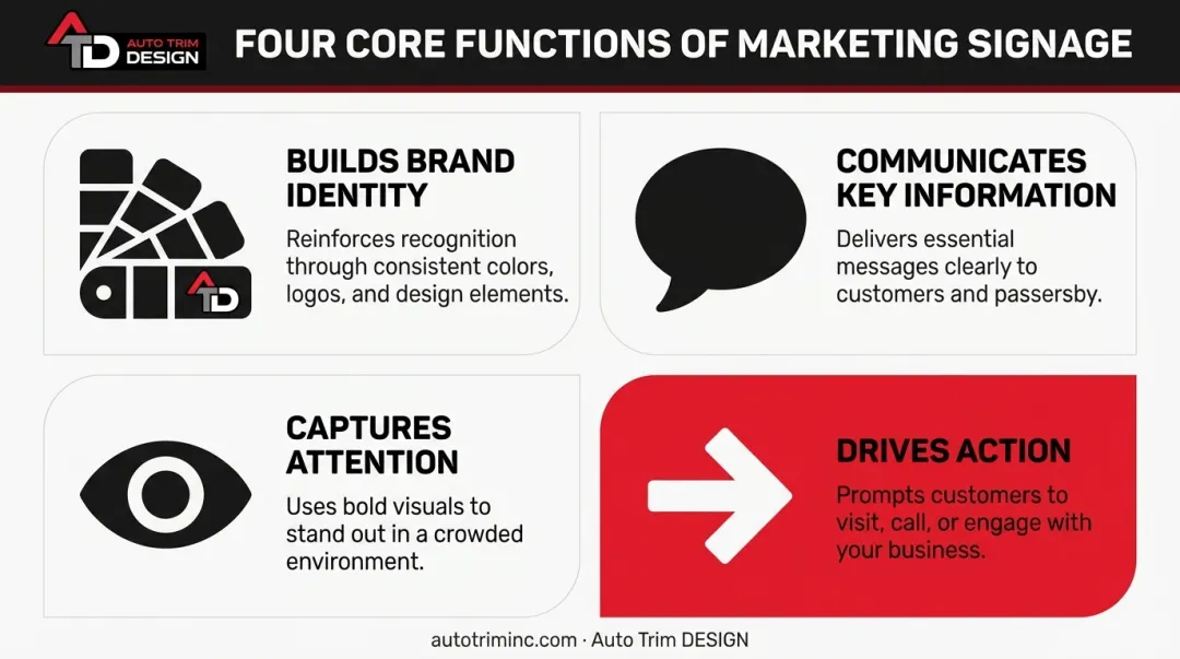 Four core functions of marketing signage infographic diagram