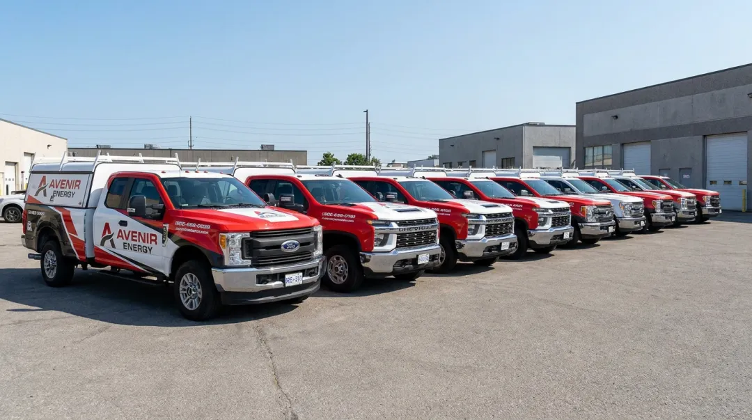 Fleet of construction trucks wrapped with consistent branded colors and logo