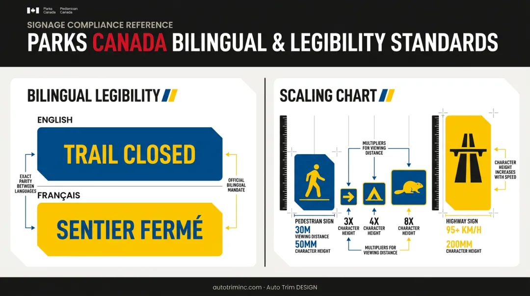 Bilingual signage legibility standards showing character height and viewing distance
