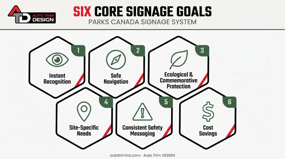 Six core goals of Parks Canada exterior signage program infographic