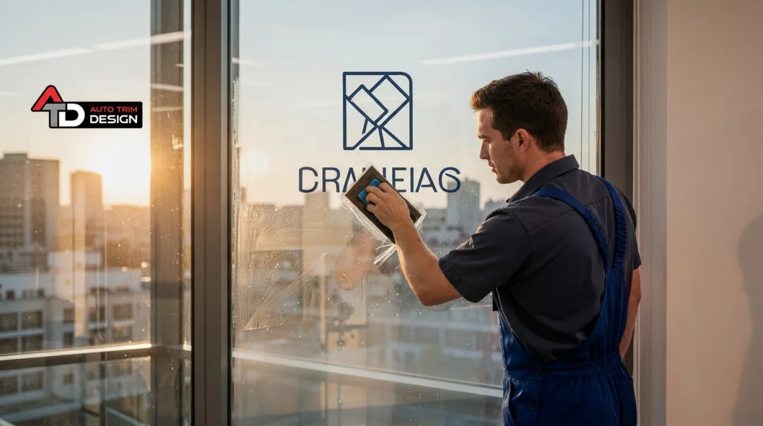 Certified fabricator installing custom frosted window film on commercial glass