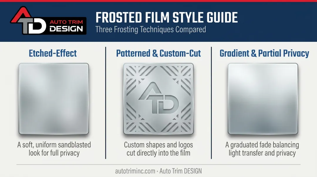 Three frosted window film styles: etched, patterned, and gradient designs compared