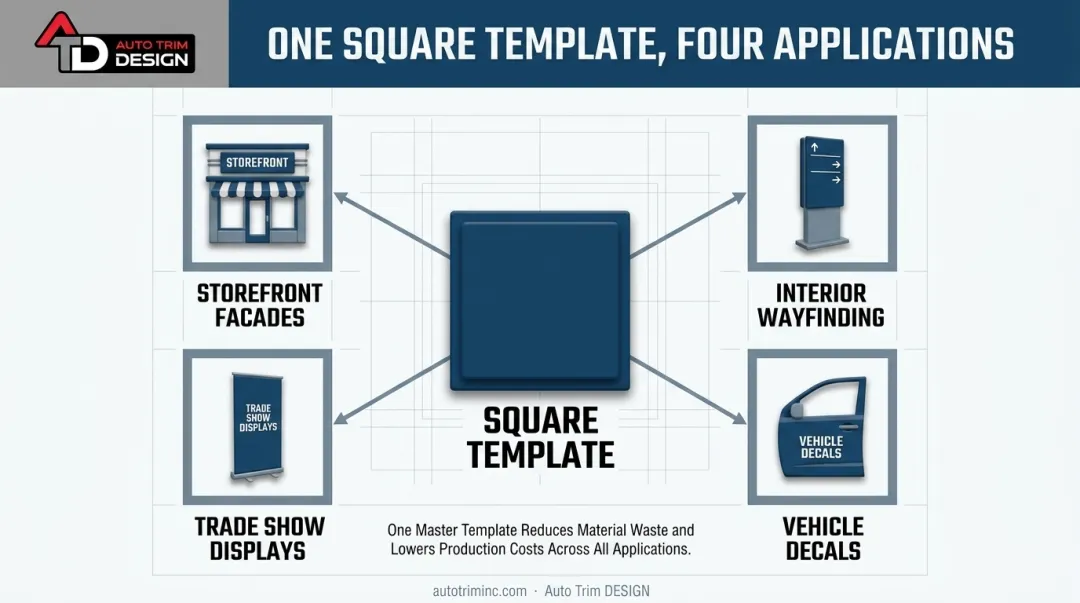 One square sign template adapted across four business touchpoints