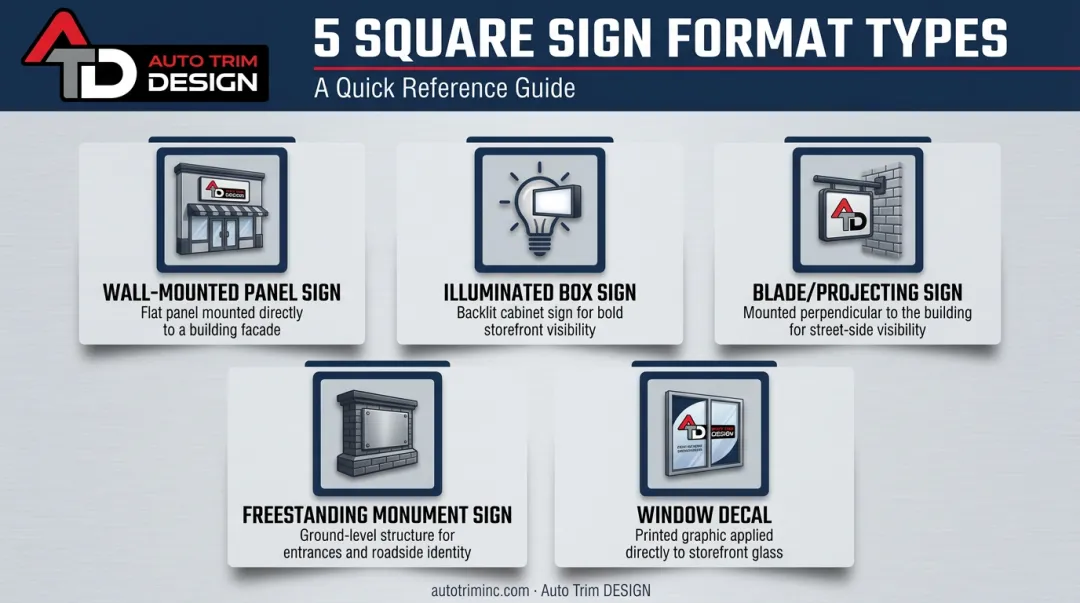 Five common custom square sign formats used by businesses