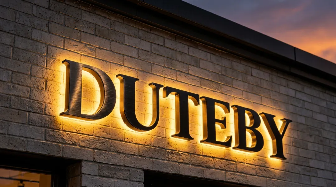 Illuminated square storefront sign glowing on building exterior at night