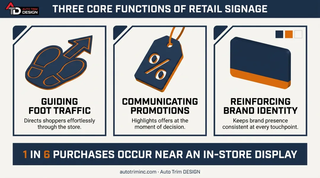 Three core functions of retail signage guiding shoppers and sales