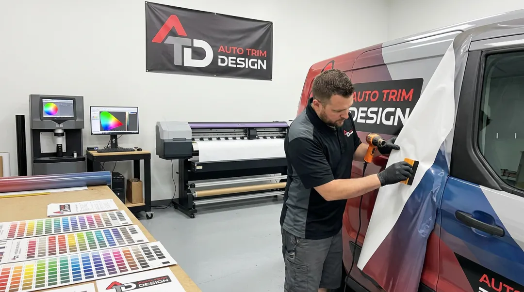 ATD technician installing premium vinyl wrap with colour-matching equipment