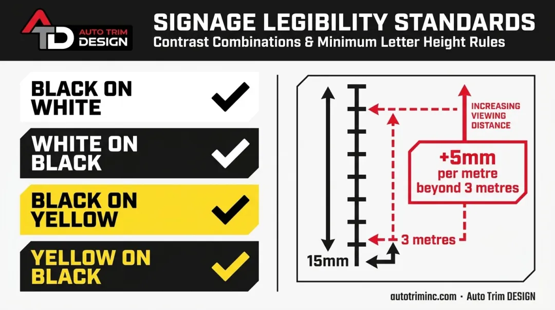 Sign legibility guide showing contrast combinations and letter height formula