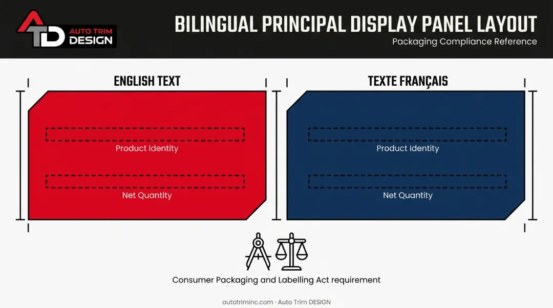 Bilingual English French packaging label layout showing Canadian compliance requirements