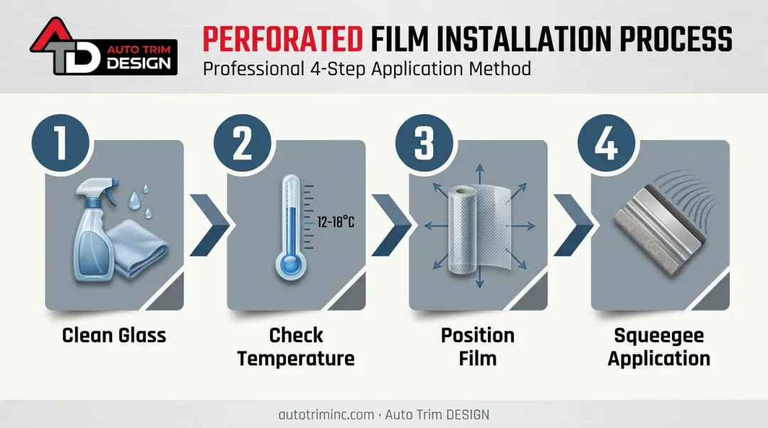 4-step perforated window film installation process from cleaning to squeegee application