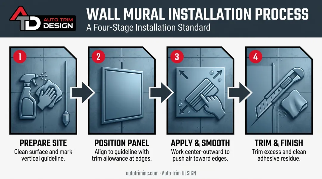 4-stage vinyl wall mural installation process from prep to trim