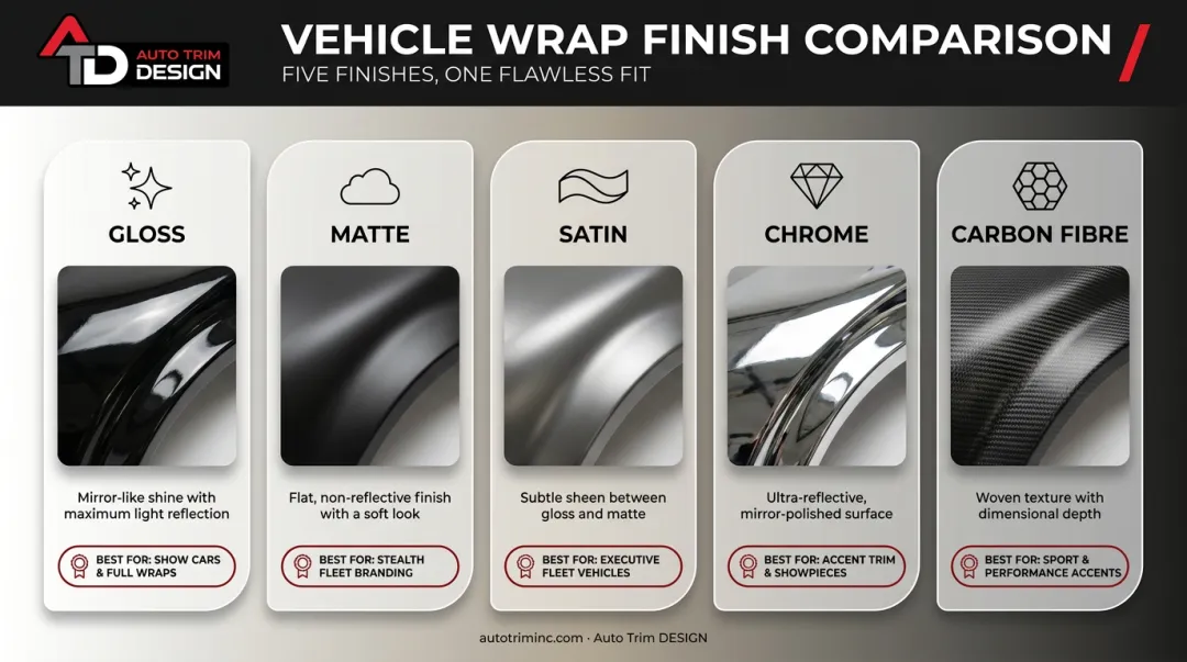 Vehicle wrap finish comparison chart showing gloss matte satin chrome and carbon fibre
