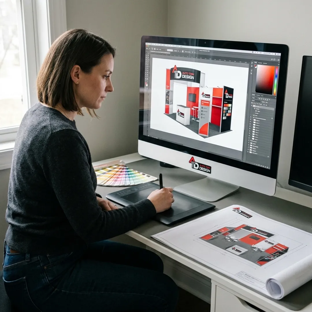 Designer reviewing trade show display artwork