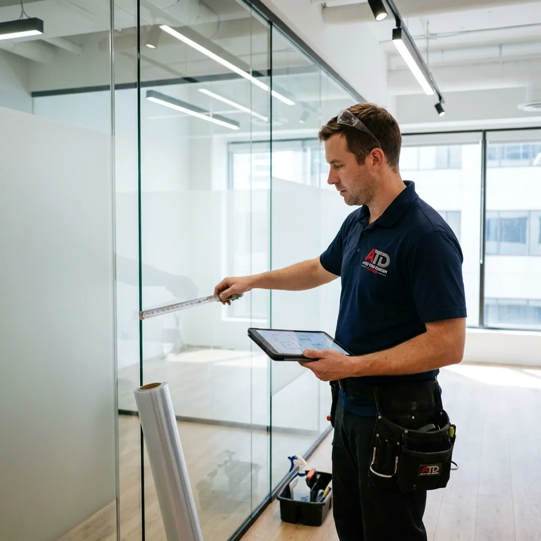 Technician measuring a commercial window for film