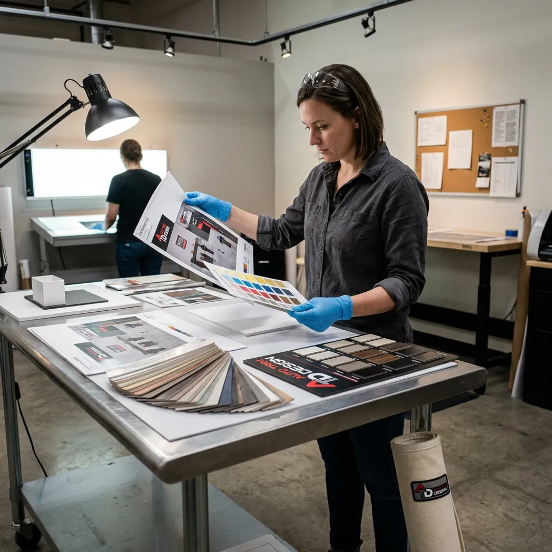 Designer reviewing trade show graphics proof